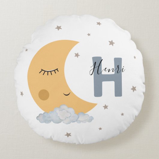 Cute Sleeping Moon Baby Room Pillow Name Initial Rond Kussen (Voorkant)