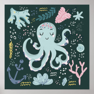 Cute Sleeping Octopus Onderwater Doodle Poster