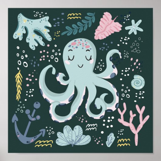 Cute Sleeping Octopus Onderwater Doodle Poster (Voorkant)