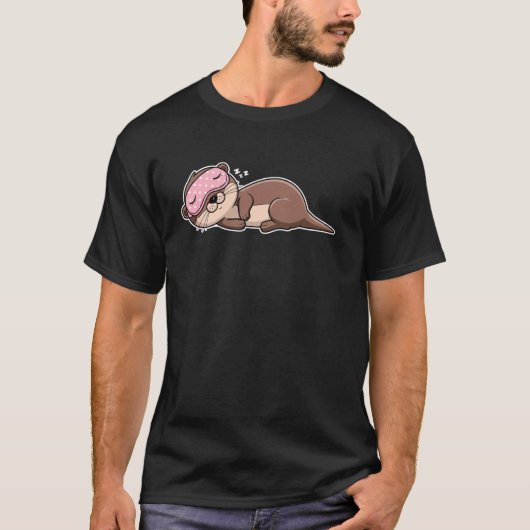 Cute Sleeping Otter with Pink Eye Mask Cartoon Des T-shirt (Voorkant)