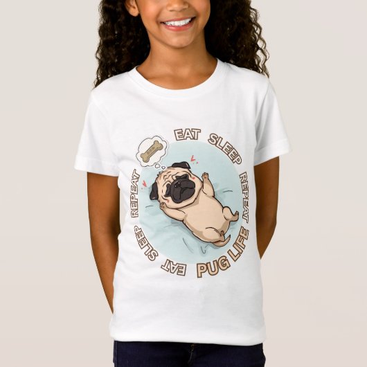 Cute Sleeping Pug Girls Shirt | Eat Sleep Repeat  (Voorkant)