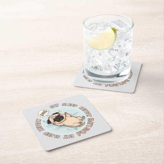 Cute Sleeping Pug Paper Coaster | Eat Sleep Repeat Kartonnen Onderzetters (Insitu)