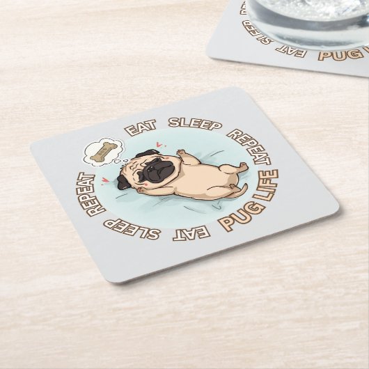 Cute Sleeping Pug Paper Coaster | Eat Sleep Repeat Kartonnen Onderzetters (Schuin)