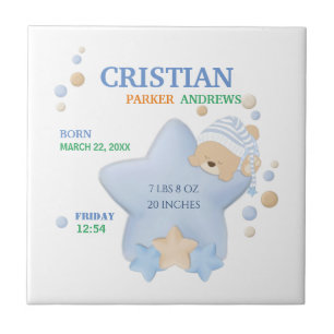 Cute Sleeping Teddy Bear Baby Boy Birth Stats Cera Tegeltje