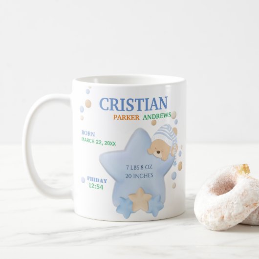 Cute Sleeping Teddy Bear Baby Boy Birth Stats Coff Koffiemok (Met donut)
