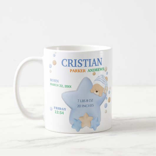 Cute Sleeping Teddy Bear Baby Boy Birth Stats Coff Koffiemok (Links)