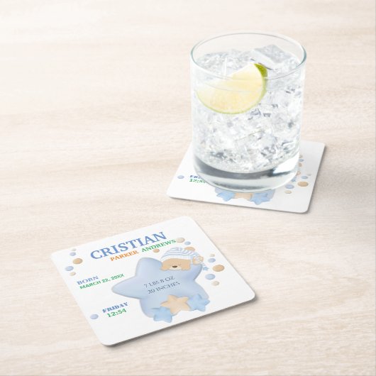 Cute Sleeping Teddy Bear Baby Boy Birth Stats Kartonnen Onderzetters (Insitu)