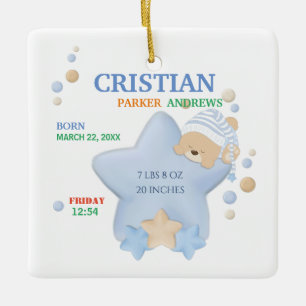 Cute Sleeping Teddy Bear Baby Boy Birth Stats Keramisch Ornament