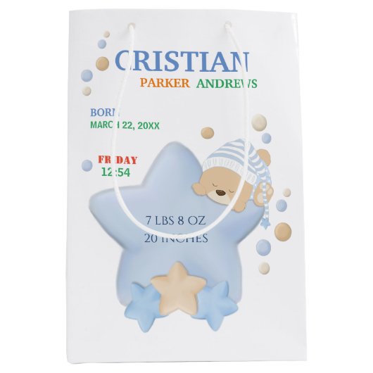 Cute Sleeping Teddy Bear Baby Boy Birth Stats Medium Cadeauzakje (Voorkant)