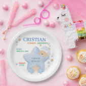 Cute Sleeping Teddy Bear Baby Boy Birth Stats Pape Papieren Bordje (Feest)