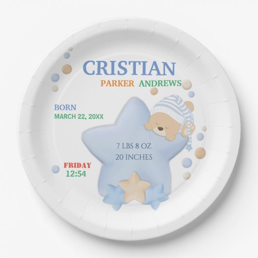 Cute Sleeping Teddy Bear Baby Boy Birth Stats Pape Papieren Bordje (Voorkant)