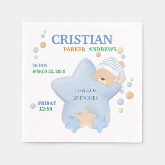Cute Sleeping Teddy Bear Baby Boy Birth Stats Servet (Voorkant)