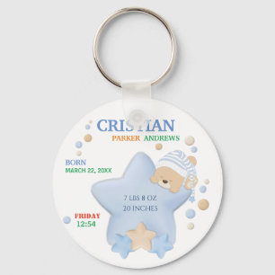 Cute Sleeping Teddy Bear Baby Boy Birth Stats Sleutelhanger