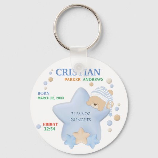Cute Sleeping Teddy Bear Baby Boy Birth Stats Sleutelhanger (Voorkant)