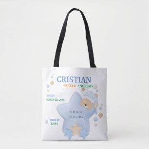 Cute Sleeping Teddy Bear Baby Boy Birth Stats Tas