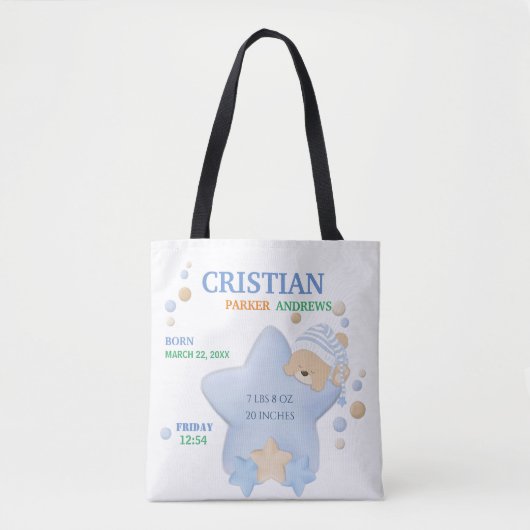 Cute Sleeping Teddy Bear Baby Boy Birth Stats Tas (Voorkant)
