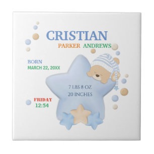 Cute Sleeping Teddy Bear Baby Boy Birth Stats Tegeltje