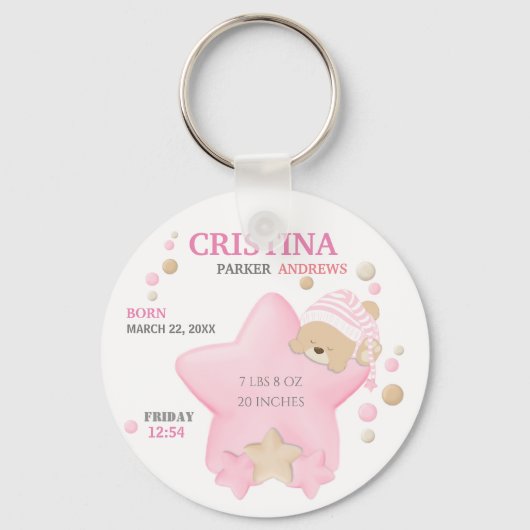 Cute Sleeping Teddy Bear Baby Girl Birth Stats Key Sleutelhanger (Voorkant)
