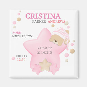 Cute Sleeping Teddy Bear Baby Girl Birth Stats Mag Magneet