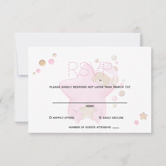 Cute Sleeping Teddy Bear Baby Girl Shower RSVP (Achterkant)