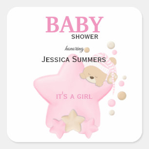 Cute Sleeping Teddy Bear Baby Girl Shower Square S Vierkante Sticker