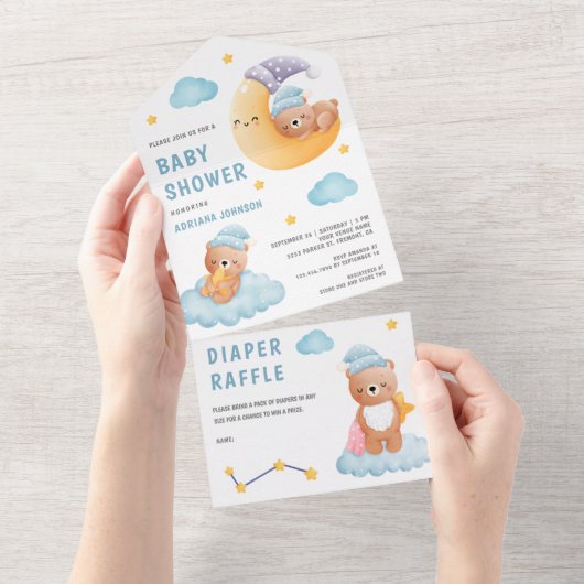 Cute Sleeping Teddy Bear Crescent Moon Baby shower All In One Uitnodiging (Afscheurbaar)