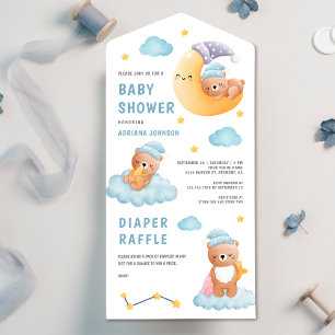 Cute Sleeping Teddy Bear Crescent Moon Baby shower All In One Uitnodiging