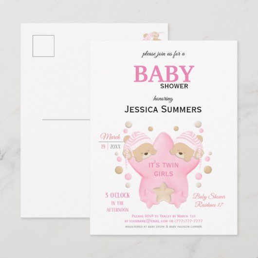 Cute Sleeping Teddy Bear Twin Baby Girls Shower In Uitnodiging Briefkaart (Voorkant / Achterkant)
