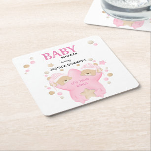 Cute Sleeping Teddy Bear Twin Baby Girls Shower Sq Kartonnen Onderzetters