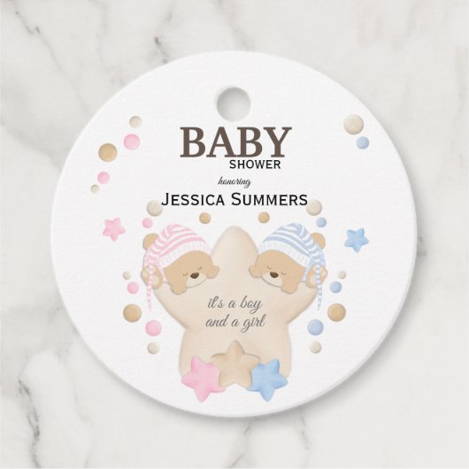Cute Sleeping Teddy Bear Twins Baby shower Favor T Bedankjes Labels (Voorkant)