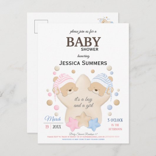Cute Sleeping Teddy Bear Twins Baby shower Invitat Uitnodiging Briefkaart (Voorkant / Achterkant)