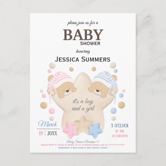 Cute Sleeping Teddy Bear Twins Baby shower Invitat Uitnodiging Briefkaart (Voorkant)
