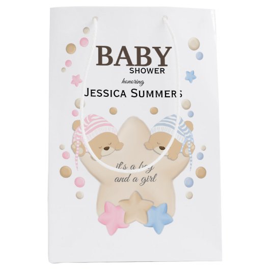 Cute Sleeping Teddy Bear Twins Baby shower Medium Cadeauzakje (Voorkant)