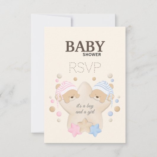 Cute Sleeping Teddy Bear Twins Baby shower RSVP Ca (Voorkant)