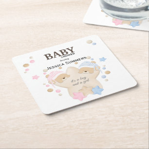 Cute Sleeping Teddy Bear Twins Baby shower Square Kartonnen Onderzetters