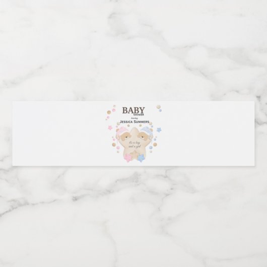 Cute Sleeping Teddy Bear Twins Baby shower Water B Waterfles Etiket (Enkel label)