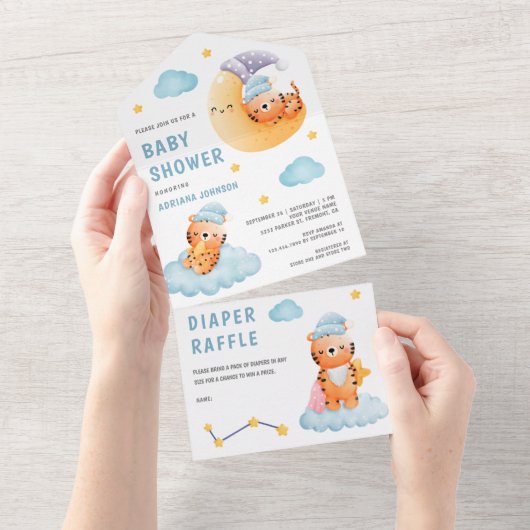 Cute Sleeping Tiger Crescent Moon Baby shower All In One Uitnodiging (Afscheurbaar)
