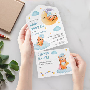 Cute Sleeping Tiger Crescent Moon Baby shower All In One Uitnodiging