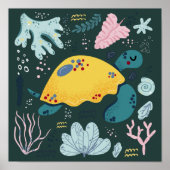 Cute Sleeping Turtle Underwater Doodle Poster (Voorkant)