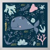 Cute Sleeping Whale Onderwater Doodle Poster (Voorkant)