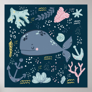 Cute Sleeping Whale Onderwater Doodle Poster