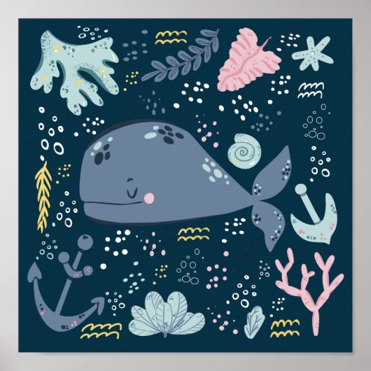 Cute Sleeping Whale Onderwater Doodle Poster (Voorkant)