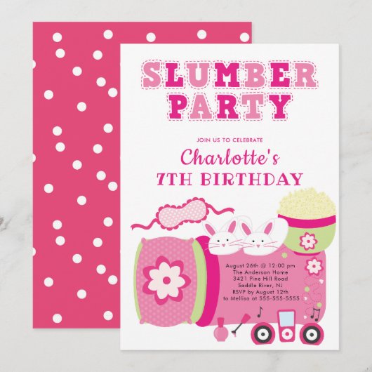 Cute Sleepover Birthday Party Invitation Kaart (Voorkant / Achterkant)