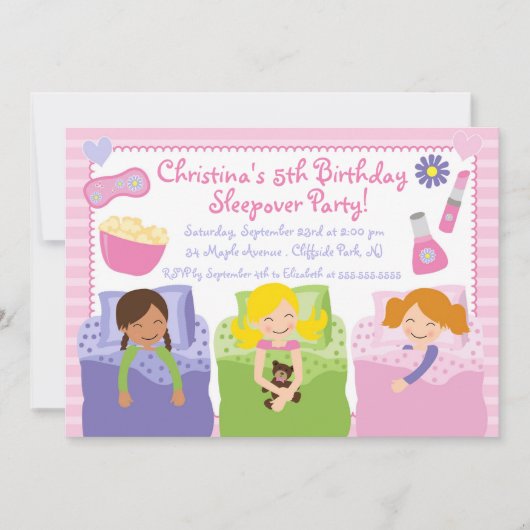 Cute Sleepover Birthday Party Invitations Kaart (Voorkant)