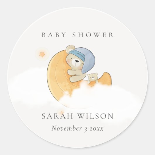 Cute Sleepy Blue Beer over Moon Boy Baby shower Ronde Sticker (Voorkant)