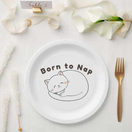 Cute Sleepy Cat “Born to Nap” Line Art Design Papieren Bordje (Huwelijk)