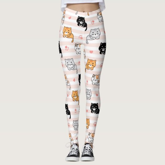 Cute Sleepy Cat & Paws, Men Women & Kids, Cat Fan Leggings (Voorkant)