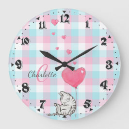 Cute Sleepy Cat Pink Blue Monogram Grote Klok