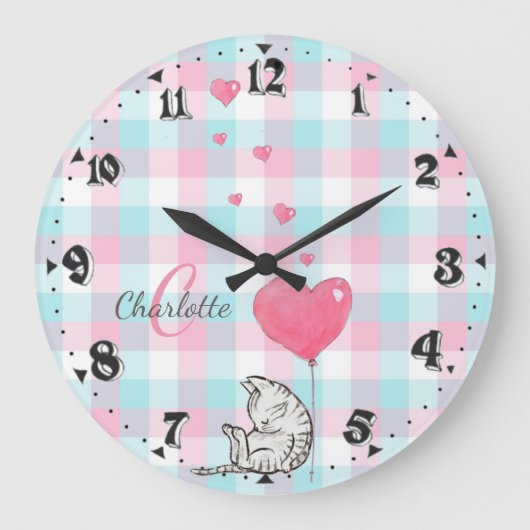 Cute Sleepy Cat Pink Blue Monogram Grote Klok (Voorkant)