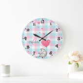Cute Sleepy Cat Pink Blue Monogram Grote Klok (Huis)
